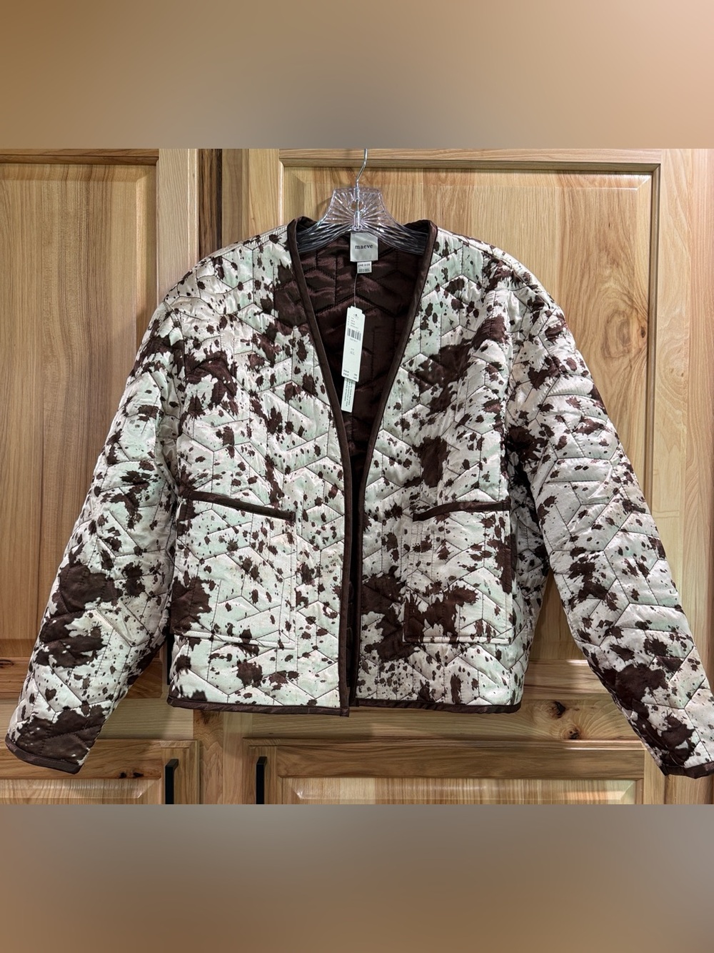 New! Maeve Anthropologie Open Front Cow Print Cream and Brown Quilted Jacket OS - Picture 3 of 14